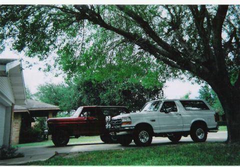 1978 Ford Bronco - Two Ford Broncos are parked side-by-side in a residential driveway, shaded by a large tree.