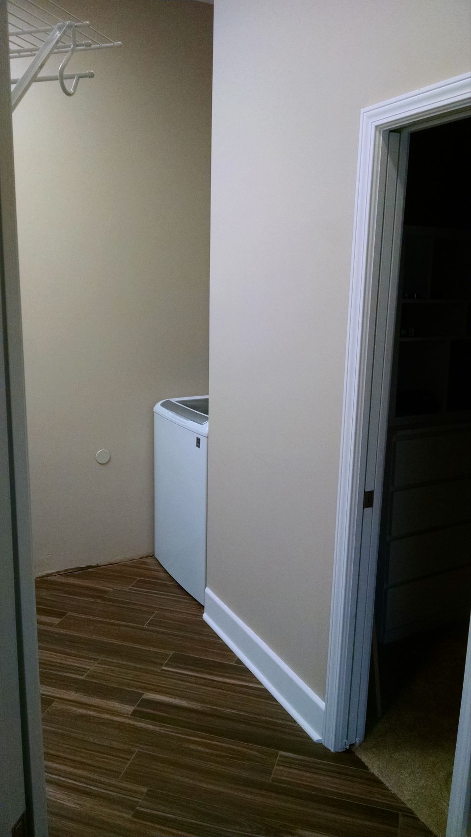 The washer is out of the way, but still very close to the master closets & bathroom, where most of the laundry will be produced.  The hamper will go against that wall between it & the door to Lisa's closet.