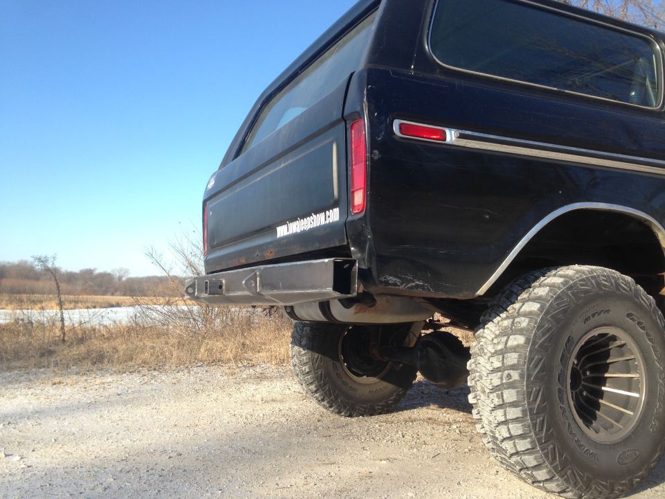 Black 1979 Ford Bronco rear with custom bumper and off-road tires