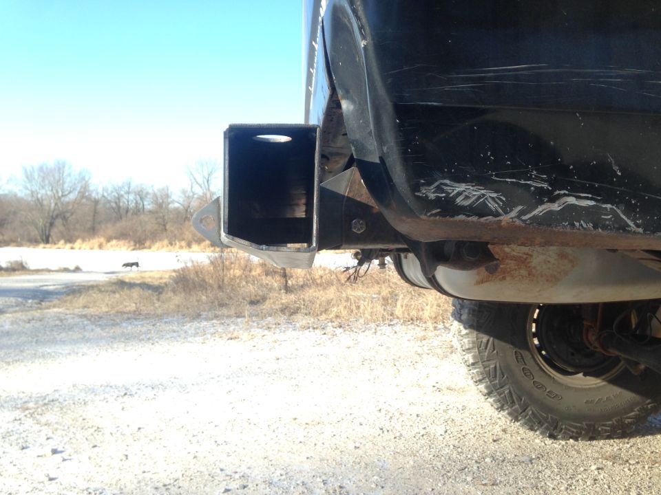 Back of a black SUV with a custom hitch receiver installed on the rear bumper. Tire and suspension visible
