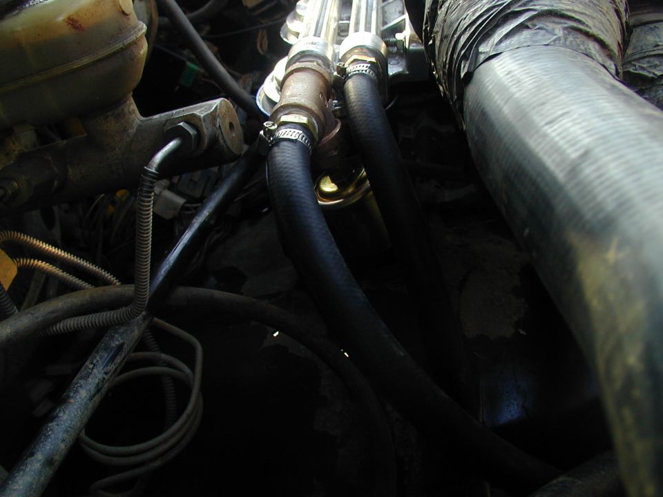 Close-up of engine bay with hoses, a fluid reservoir, and other engine components