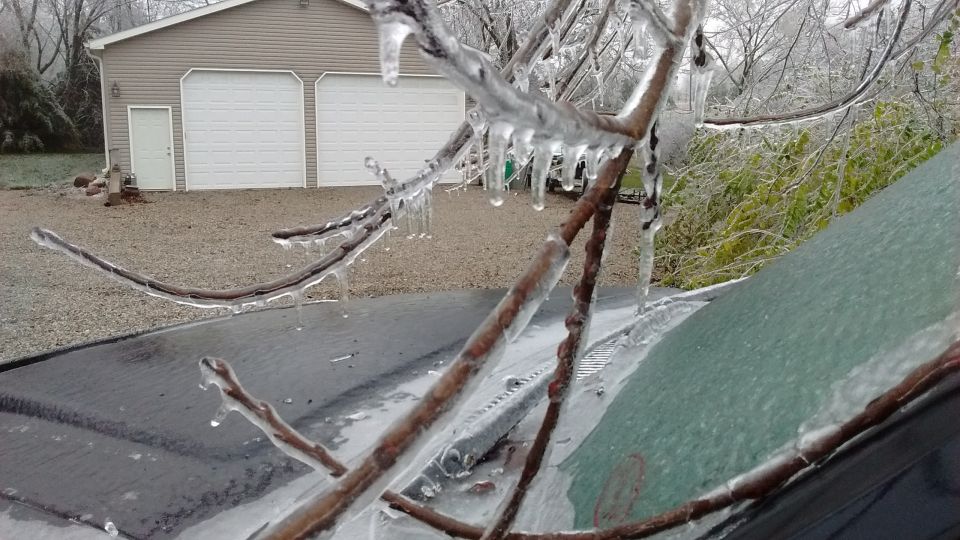Ice-covered branches over a car windshield with a garage in the background