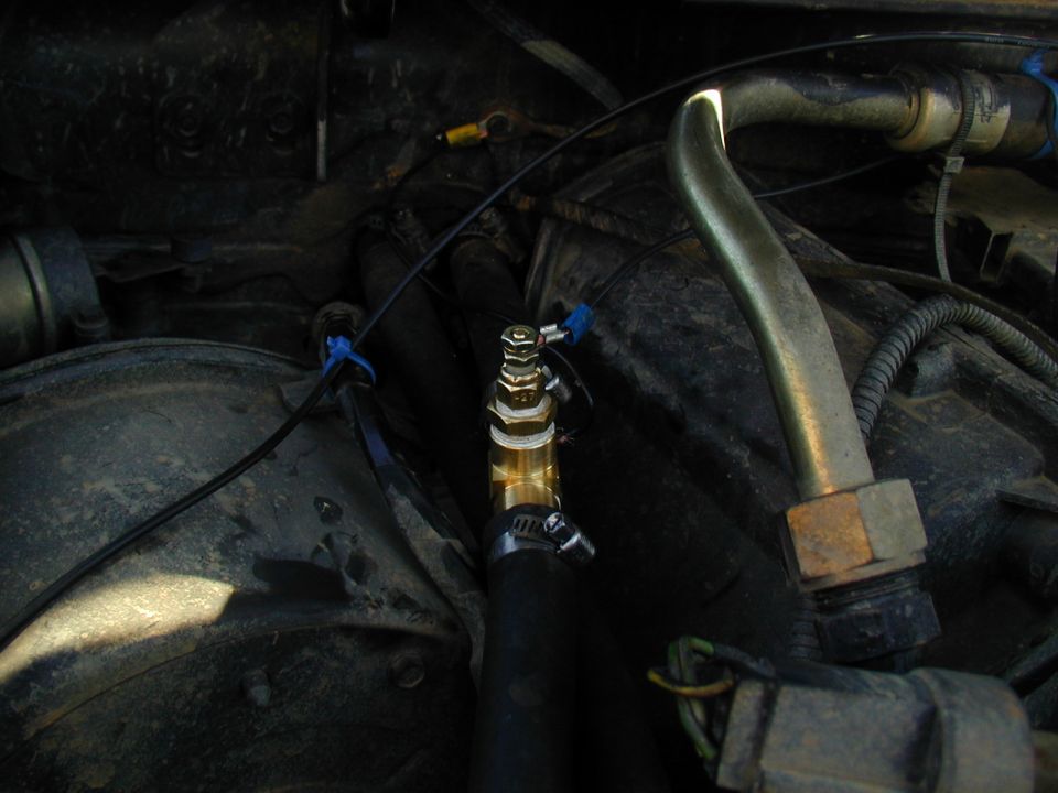 Engine bay detail showing a brass fitting attached to a hose with hose clamps and blue zip ties