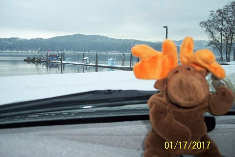 1989 Ford Bronco - A stuffed moose toy is positioned in front of a car's windshield, obscuring the view of a snowy lakeside scene with a dock and distant hill…