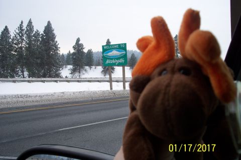 1989 Ford Bronco - A stuffed moose toy is in the foreground with a "Welcome to Washington" sign in the background. The scene is set on a snowy day along a hig…