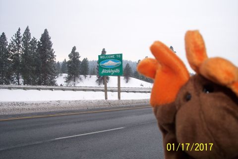 1989 Ford Bronco - A plush moose toy is in the foreground, obscuring the view of a "Welcome to Washington" sign in the background. The scene is set on a snowy…