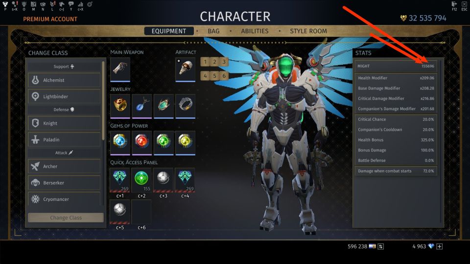 Video game character stats screen with a robotic character.
