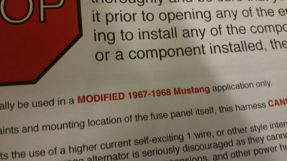 Wiring harness instruction warning limiting use to modified 1967-1968 Mustang applications