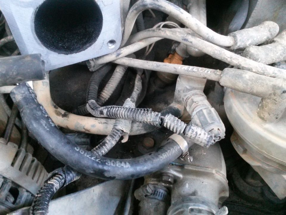 Close-up of engine bay with hoses and electrical wiring. A black hose has text '361222-3084A' printed on it