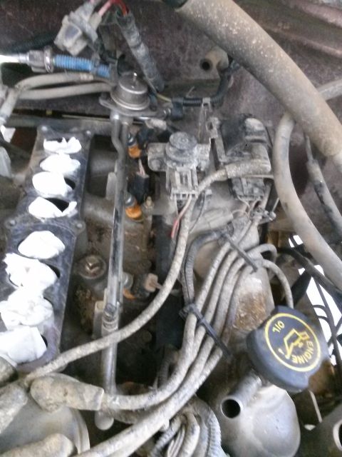 1996 Ford Bronco - Close-up view of engine components including fuel injectors and fuel rail, with wiring and hoses.