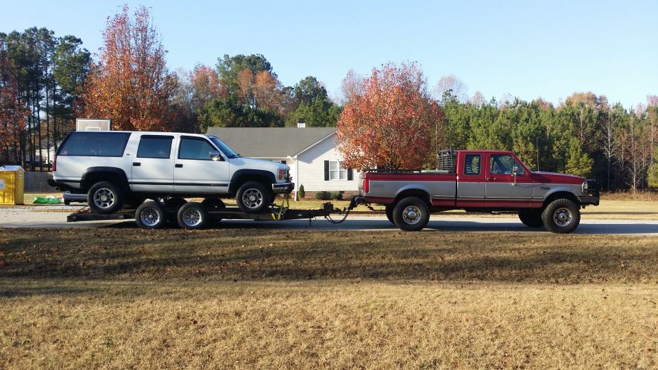 This one was a lesson in making sure you're loaded right. This combination literally damn near killed me. Didn't pull the Suburban as far forward as I should have. VERY unstable past 45. I'll be sure  not to do that again. Aside from that stupid mistake it hauled great.