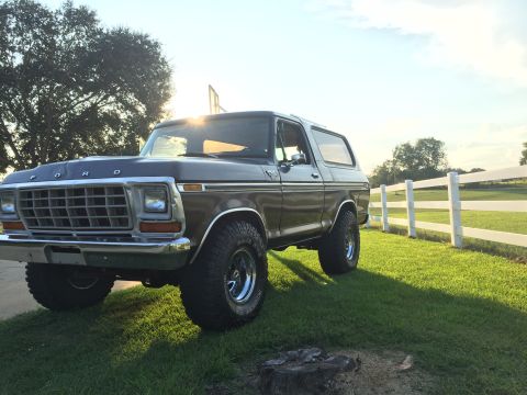 1978 Ford Bronco - A dark brown 1978 Ford Bronco is shown from a three-quarter front view, parked on a grassy field next to a white fence.
