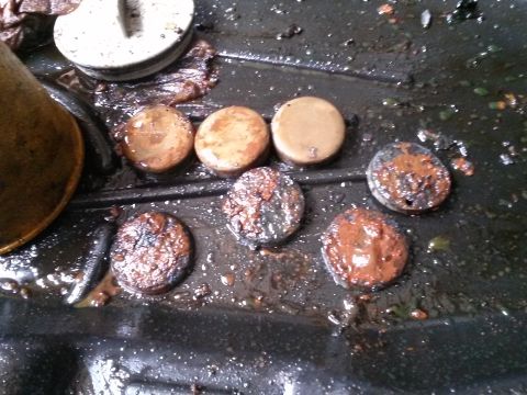 1996 Ford Bronco - Several small, round, metallic objects are submerged in a dark, oily liquid. Some of the objects appear rusty and corroded, while others ar…
