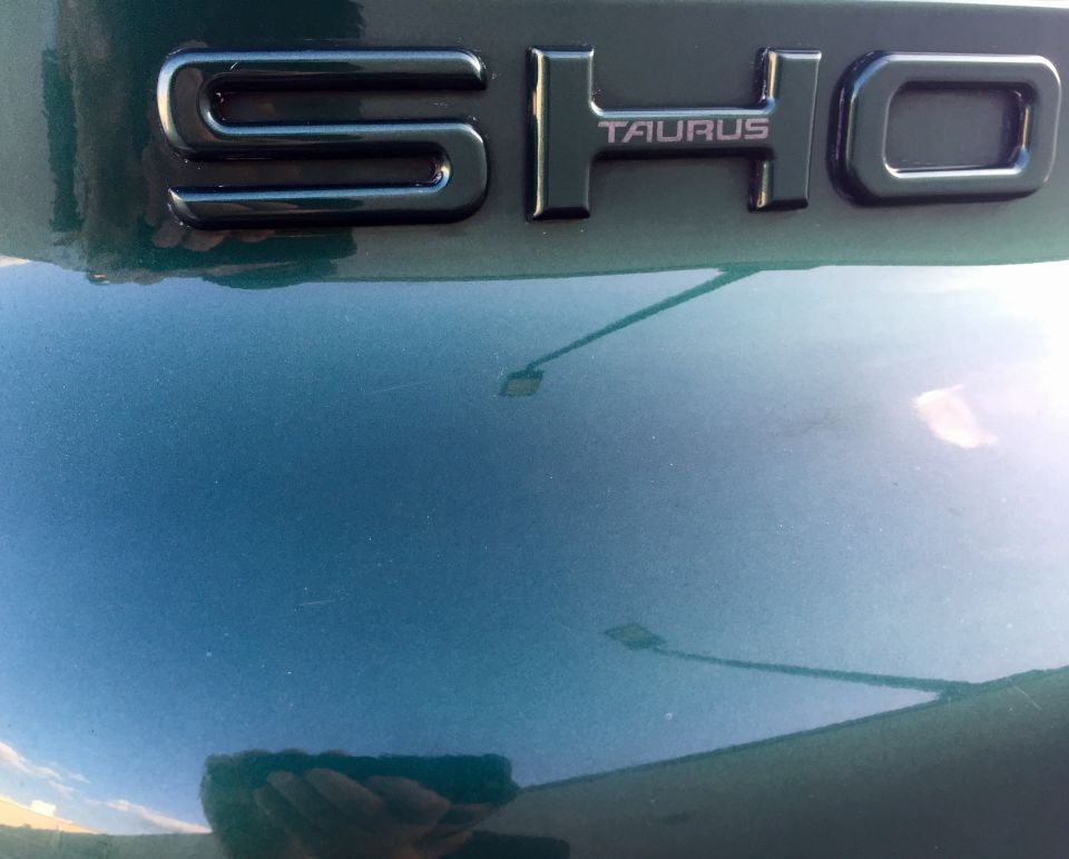 Close-up of the 'SHO' and 'TAURUS' badging on a dark green Ford Taurus.