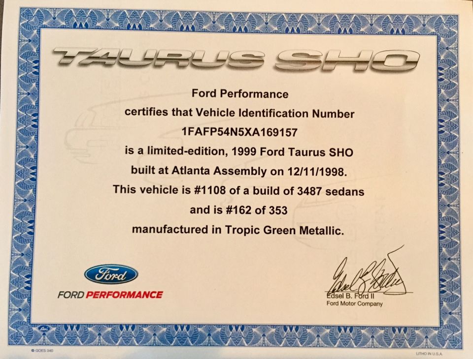 Ford Performance certificate for a limited-edition 1999 Taurus SHO in Tropic Green Metallic