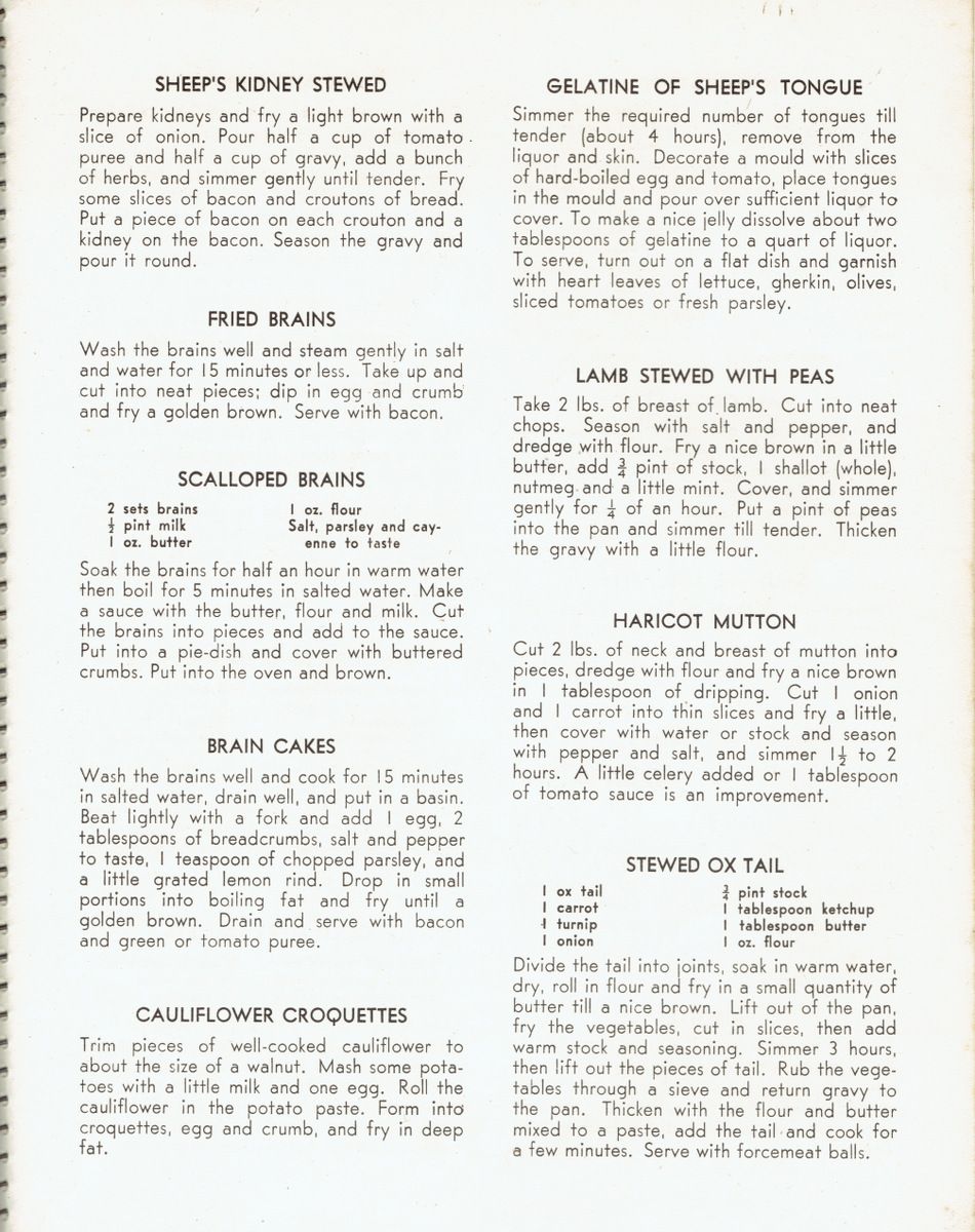Page from a cookbook with recipes for sheep's kidney stewed, fried brains, scalloped brains, brain cakes, cauliflower croquettes, gelatine of sheep's tongue, lamb stewed with peas, haricot mutton, and stewed ox tail