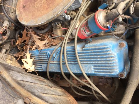 1979 Ford Bronco - Close-up view of engine components including a blue valve cover and an MSD ignition coil.