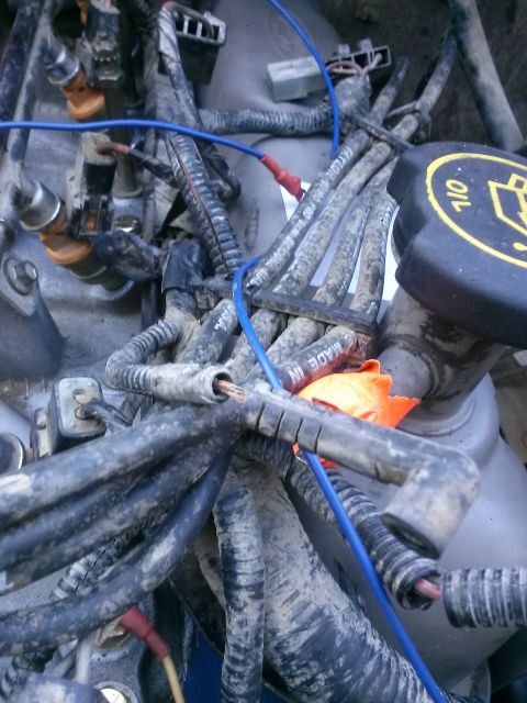 1996 Ford Bronco - A close-up view of a tangled mess of engine wiring harnesses and fuel injectors, with a blue wire running through the center. The engine ba…