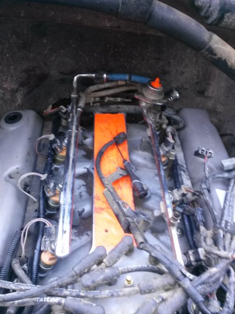 1996 Ford Bronco - A close-up view of the engine bay of a 1996 Ford Bronco, focusing on the fuel injectors and spark plug wires. The engine appears to be a V8…