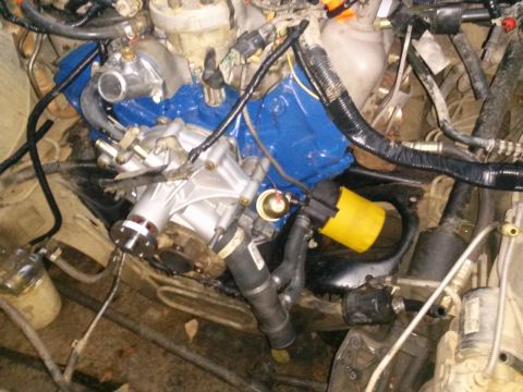 1996 Ford Bronco - A close-up view of a vehicle's engine bay, focusing on the water pump and surrounding components. The engine features a bright blue intake…