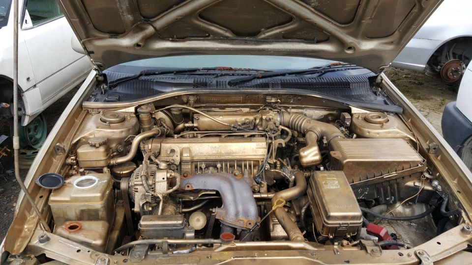 Gold car engine bay with hood open, showing engine components.