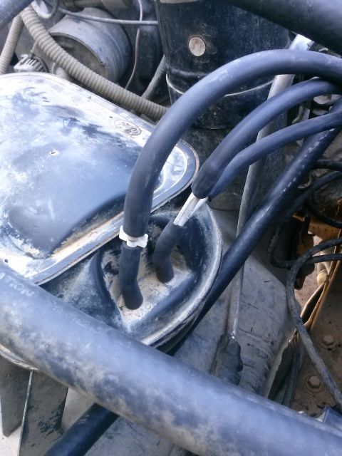 1996 Ford Bronco - Close-up view of black rubber hoses connected to the engine of a 1996 Ford Bronco. The hoses are secured with white plastic clips and appea…