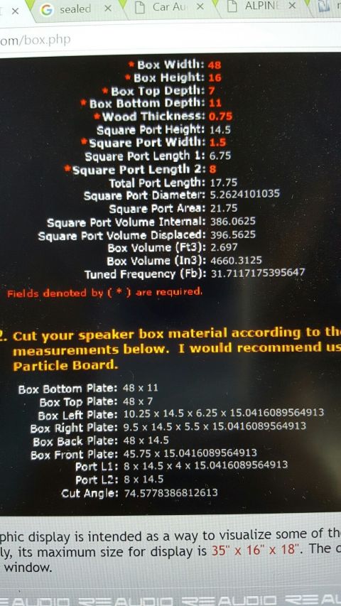 1996 Ford Bronco - A computer screen displays a calculator for a speaker box design. The screen shows various measurements and calculations for box dimensions…