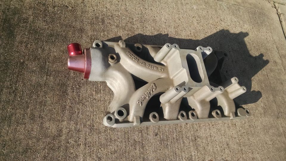Edelbrock Victor Jr. 351W 2V intake manifold on concrete