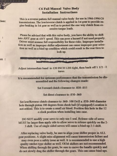 1982 Ford Bronco - This is a document titled "C6 Full Manual Valve Body Installation Instructions". It provides detailed steps and warnings for installing a m…
