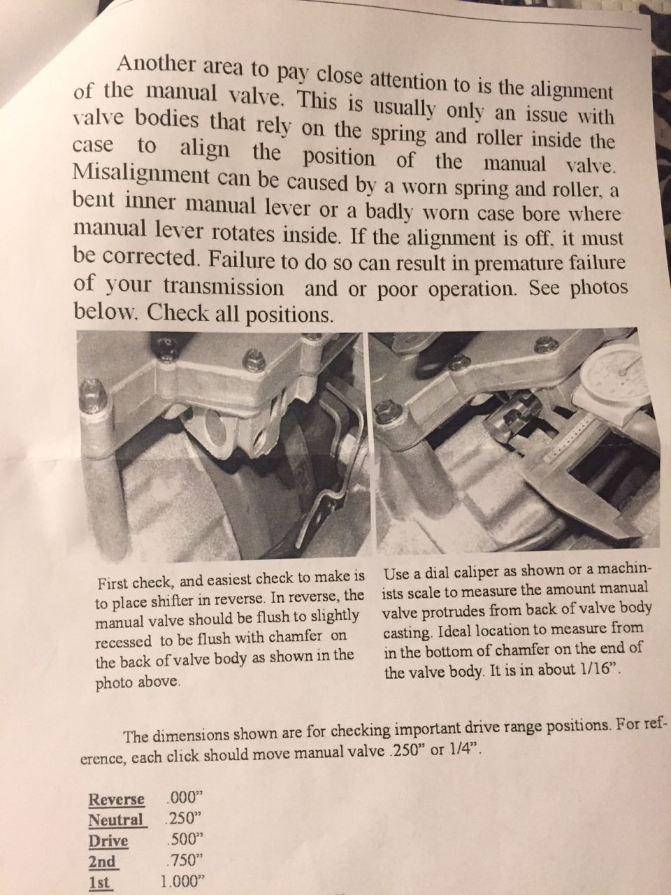Manual page with text and diagrams about transmission manual valve alignment.