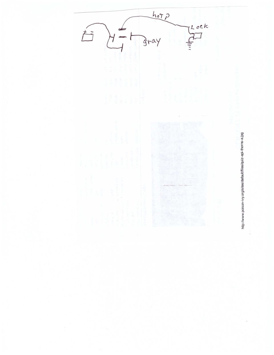 Hand-drawn electrical diagram with battery, switch, lock, and labels.