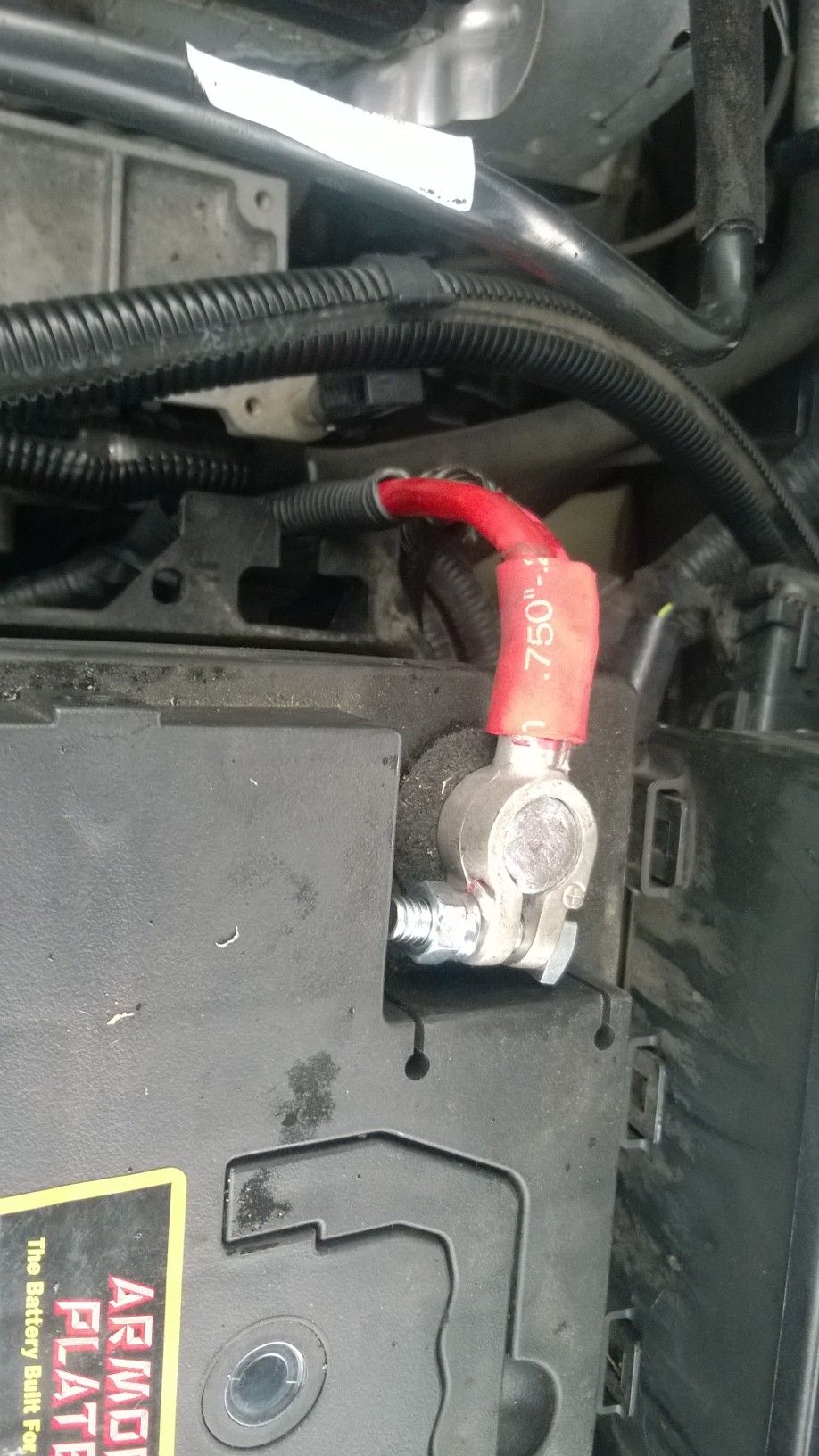 Car battery terminal with red cable and label