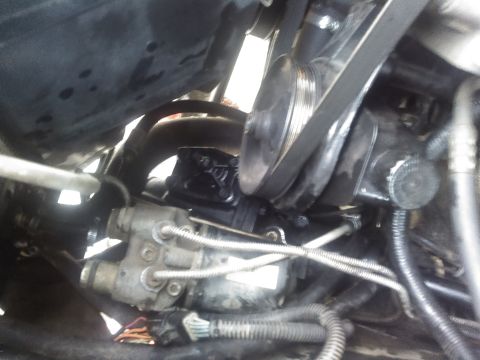 1996 Ford Bronco - Close-up view of the power steering pump and associated hoses and belts in a vehicle engine bay. The pump is black and mounted below a ribb…