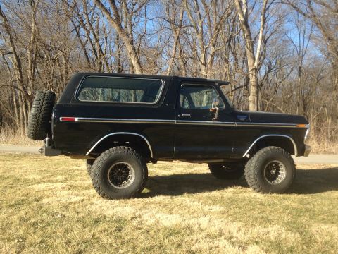 1979 Ford Bronco - The side profile of a black 1979 Ford Bronco is shown parked on a grassy area with bare trees in the background. The vehicle features a spa…