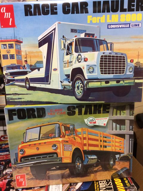1989 Ford Bronco - Boxes for AMT model truck kits are shown, a race car hauler and a stake bed truck.