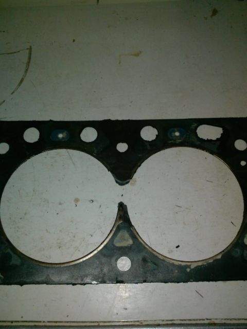 1995 Ford F-150 - A close-up view of a gasket with two large circular openings, likely for cylinders, and several smaller circular openings for bolts or cool…