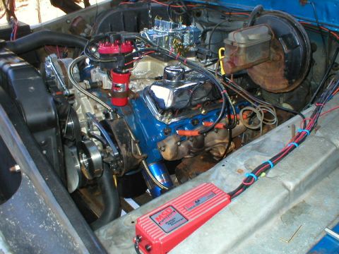 1978 Ford Bronco - V8 engine bay with MSD ignition box and dual carburetors.