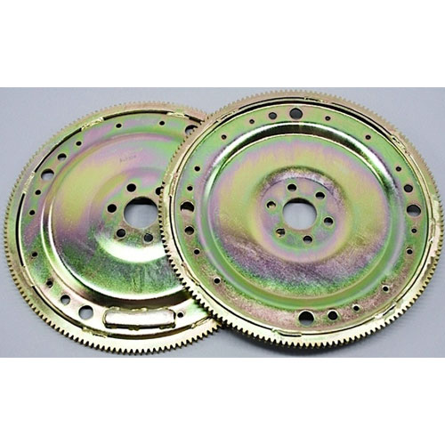 Two yellow-zinc plated steel flywheels with gear teeth on the edge.