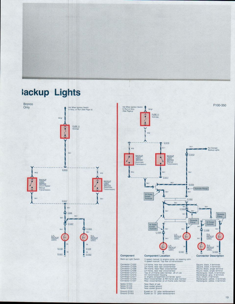 Wiring diagram for backup lights on a 1979 Ford Bronco and F100-350.