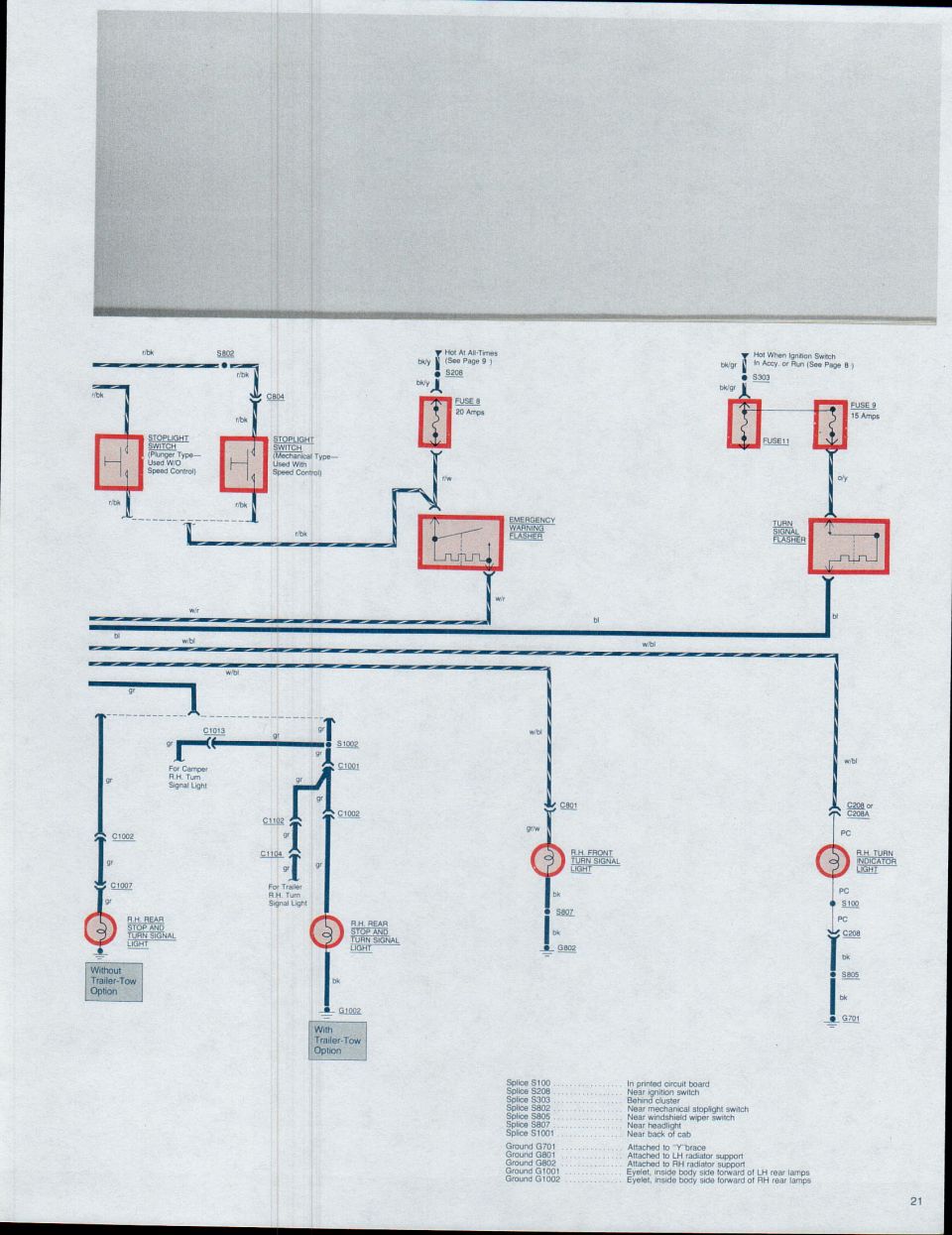 Wiring diagram for vehicle lights, fuses, and switches.