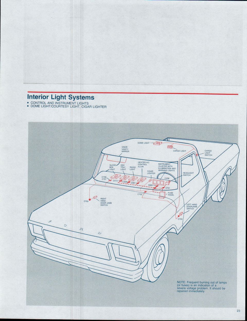 1979 Ford truck interior light systems locator for instrument, dome, cargo lights and cigar lighter