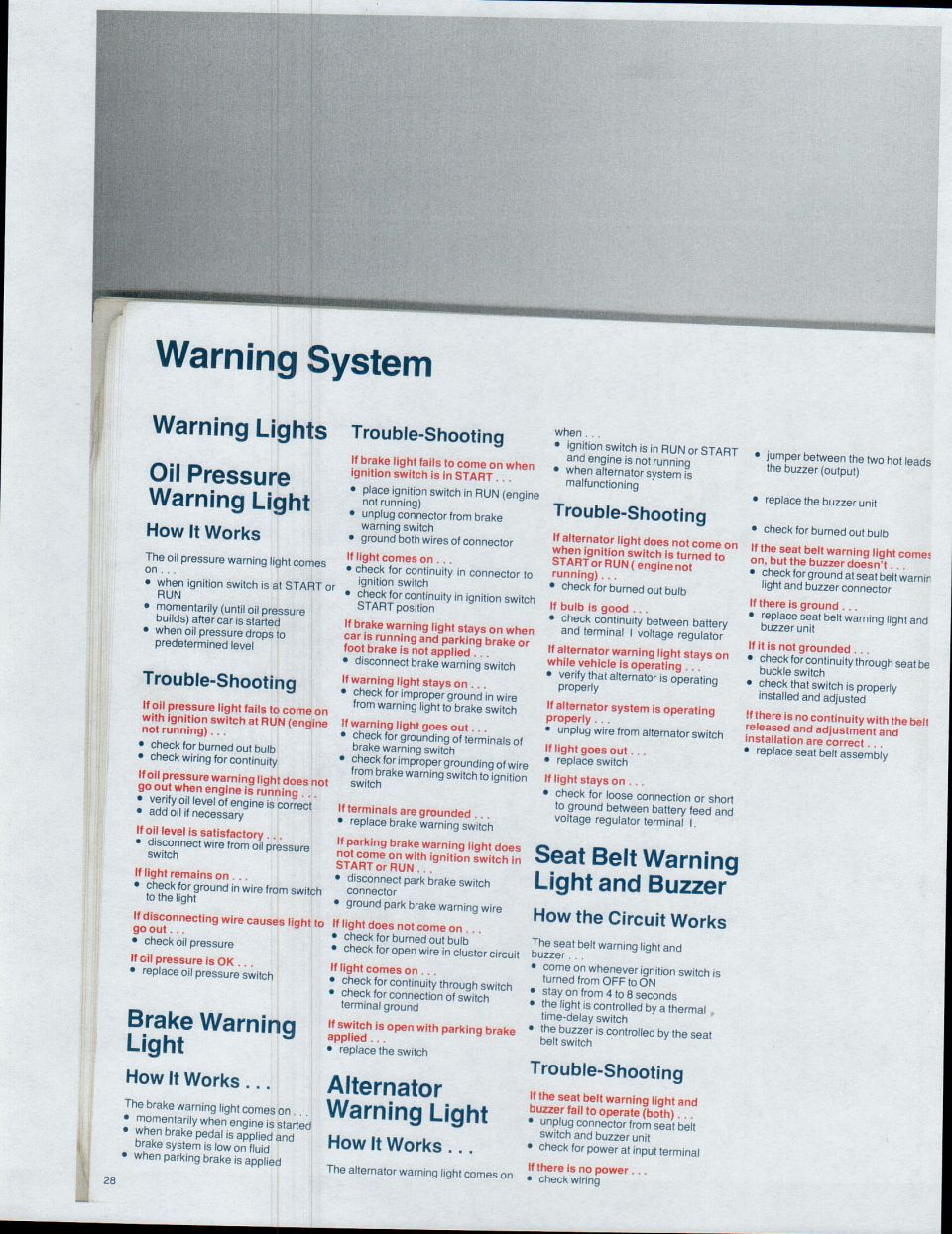 Page from a vehicle manual explaining warning lights and troubleshooting.