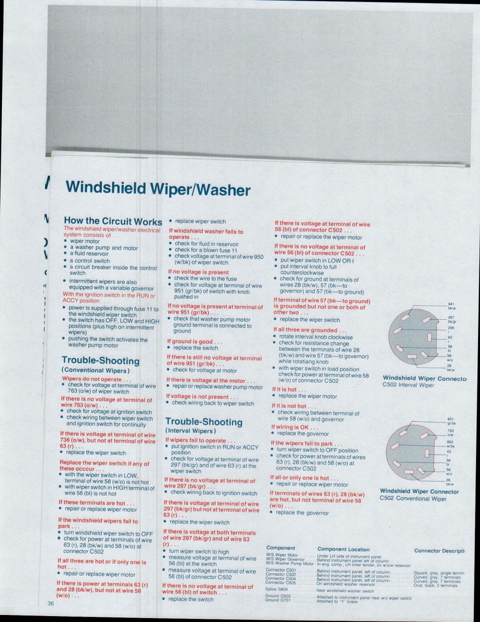 Page from a manual about windshield wiper and washer system troubleshooting and diagrams.