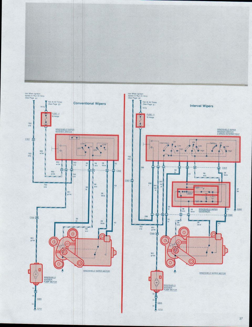 Wiring diagram page for conventional and interval windshield wiper circuits