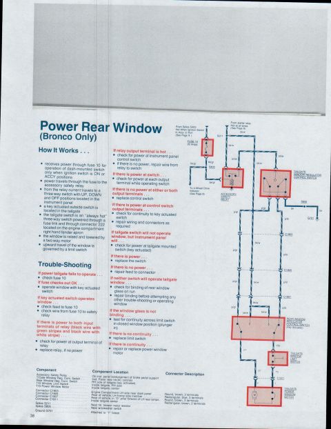 1979 Ford Bronco - Diagram detailing power rear window troubleshooting for a Bronco, including component locations and connector descriptions.