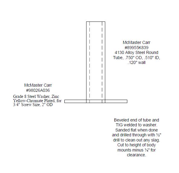 Technical drawing of a steel tube welded to a washer with part numbers and dimensions.