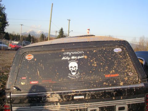 1990 Ford F-150 - This heavily stickered and mud-splattered pickup truck cap is seen from the rear, with mountains in the background.