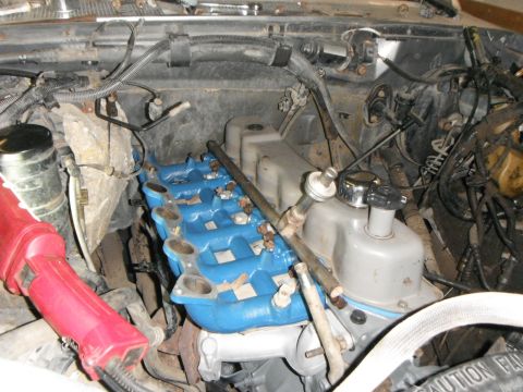 1995 Ford F-150 - Close-up view of an engine bay, highlighting a blue intake manifold and surrounding components.
