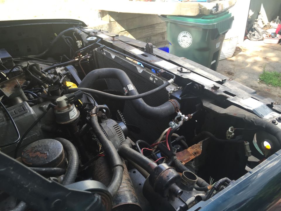 Engine bay of a dark green Ford Bronco with hood open, showing radiator, hoses, and engine components.