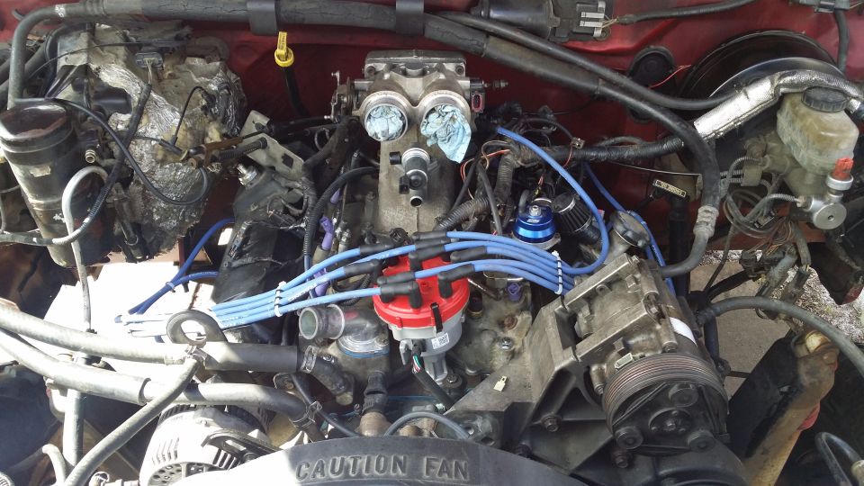 It is an engine again! Note: Ford Racing 302 wires, PN: FMS-M-12259-C301, fit ALMOST perfect on a 460. Wires for cylinders 3 and 4 are a bit too long (as can be seen on the left side of the picture) but no where near as bad as on the 302. The coil wire is just laying there as due to the length, I may relocate the coil to the fender liner if possible.